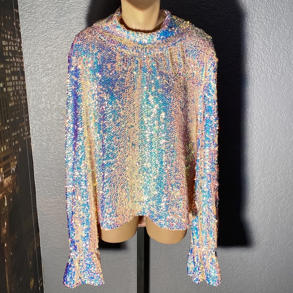FREE PEOPLE - blouse: l/s w translucent sequins, lined, cowl draped rear - XL - Picture 2 of 16